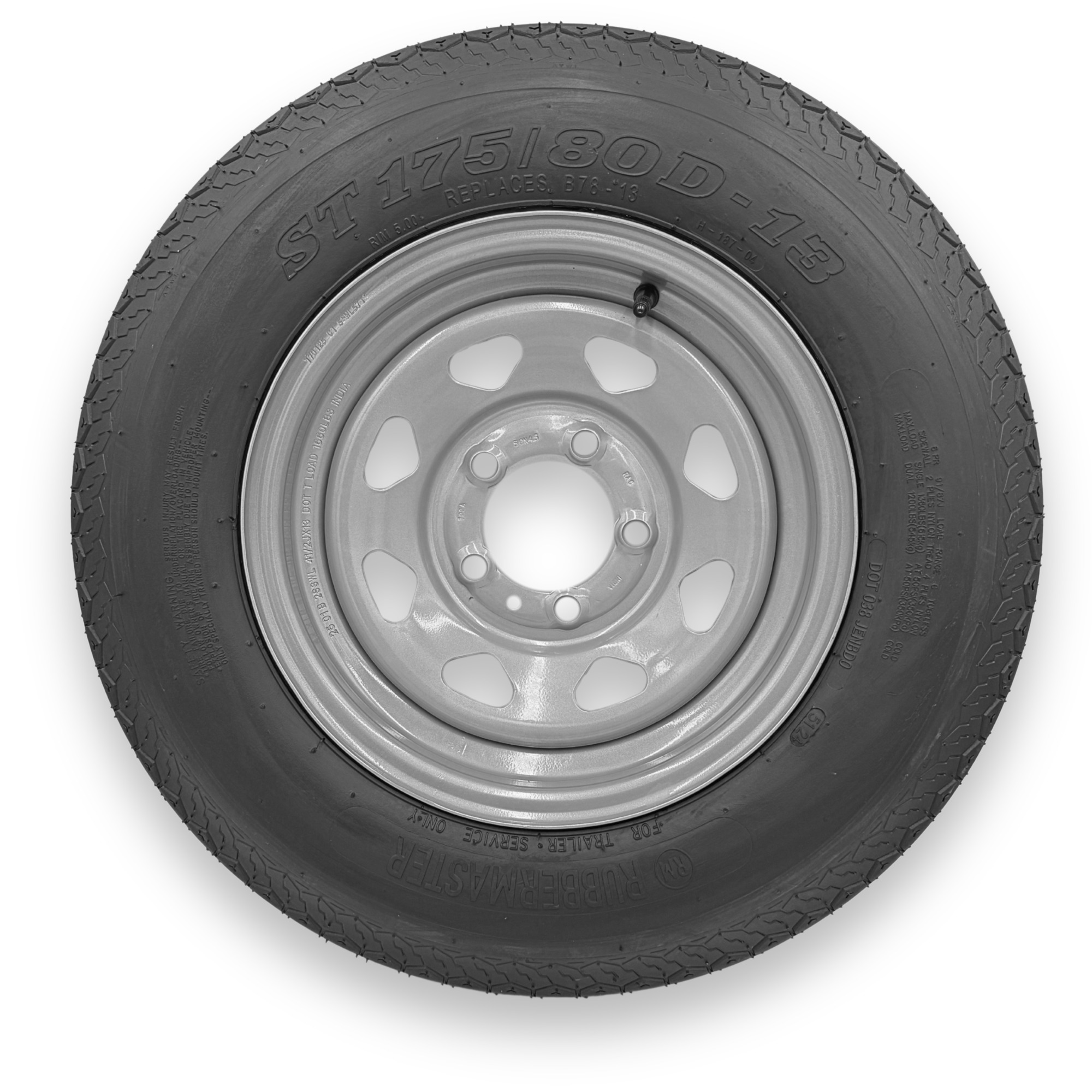 RubberMaster A78-13 (ST165/80D13) 6 Ply TL Highway Rib Tire on a 5 on 4.5 Bolt Silver Eight Spoke Wheel